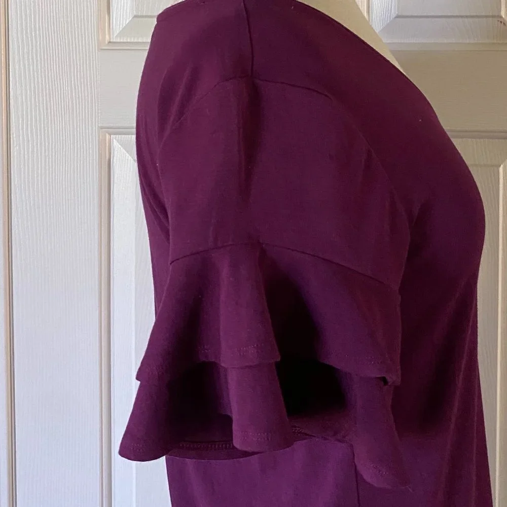 White House Black Market V-Neck Stretch Short Ruffled Flounce Sleeve Dress Plum - Picture 5 of 6